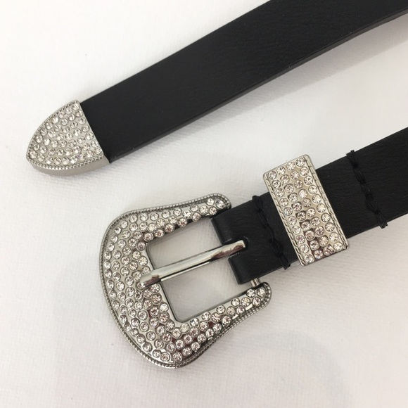 Women’s Faux Leather Black Thin Belt with Rhinestone Silver Tone Buckle Size M